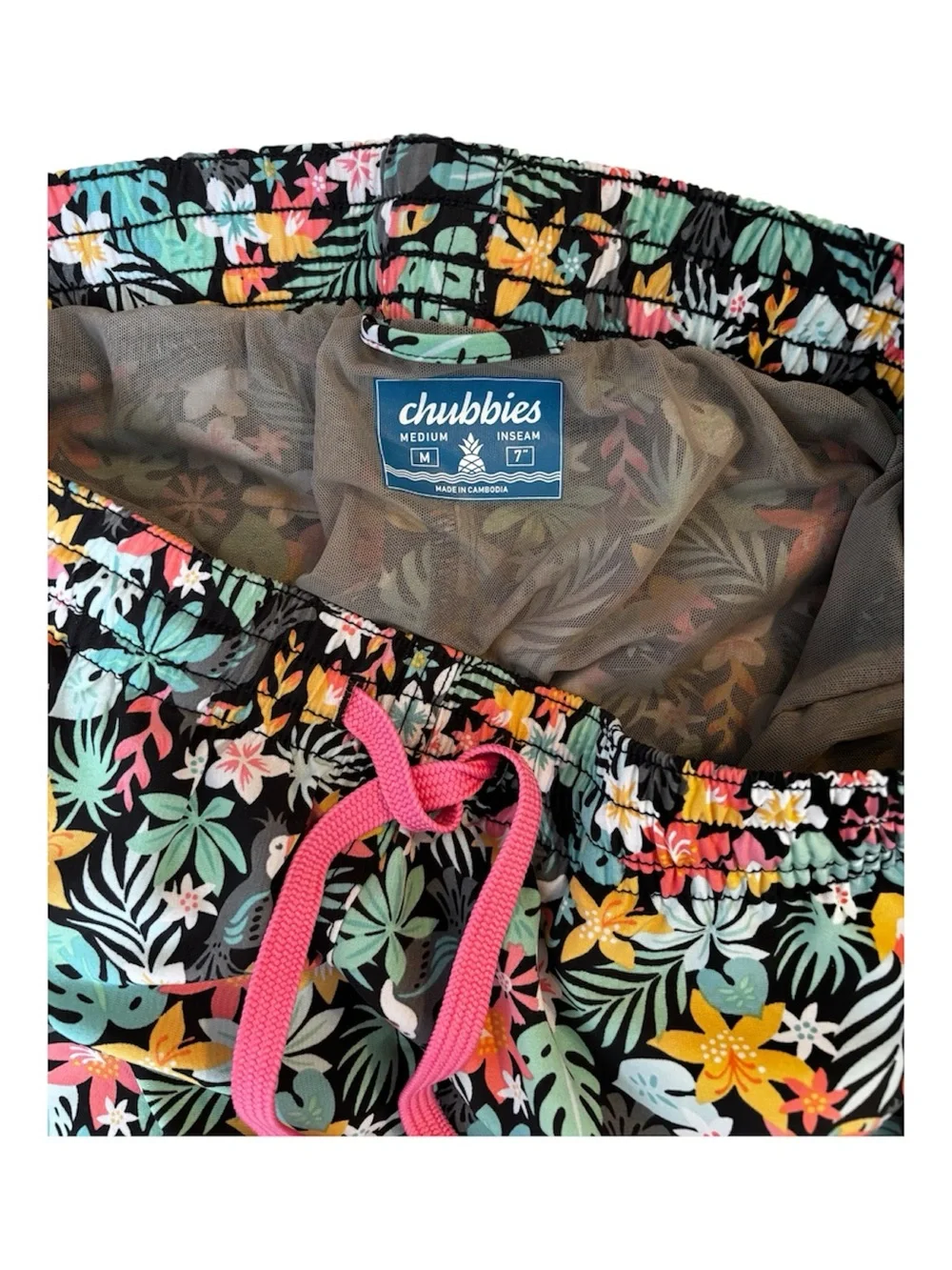 chubbies Floral Swim Trunks in Black with Pink Drawstring, Pockets
